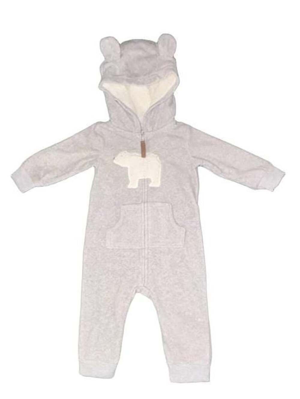 Carterβs Fleece Zip Up Jumpsuit With Sherpa Lined Hood Polar Bear Grey 9M